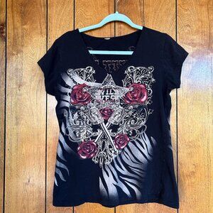 vintage 90s y2k emo/goth affliction ed hardy style tee v neck